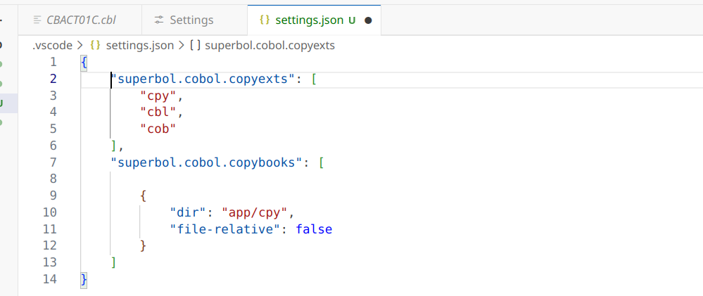 Modification des chemins d’accès aux copybooks dans .vscode/settings.json